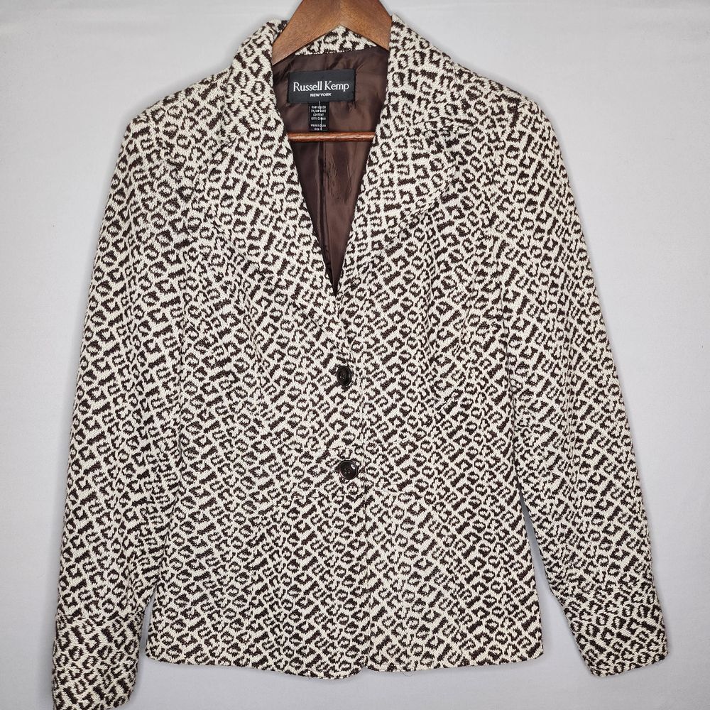 Russell Kemp Womans Blazer Size 6 Brown Animal Print 2 Button Front Closure